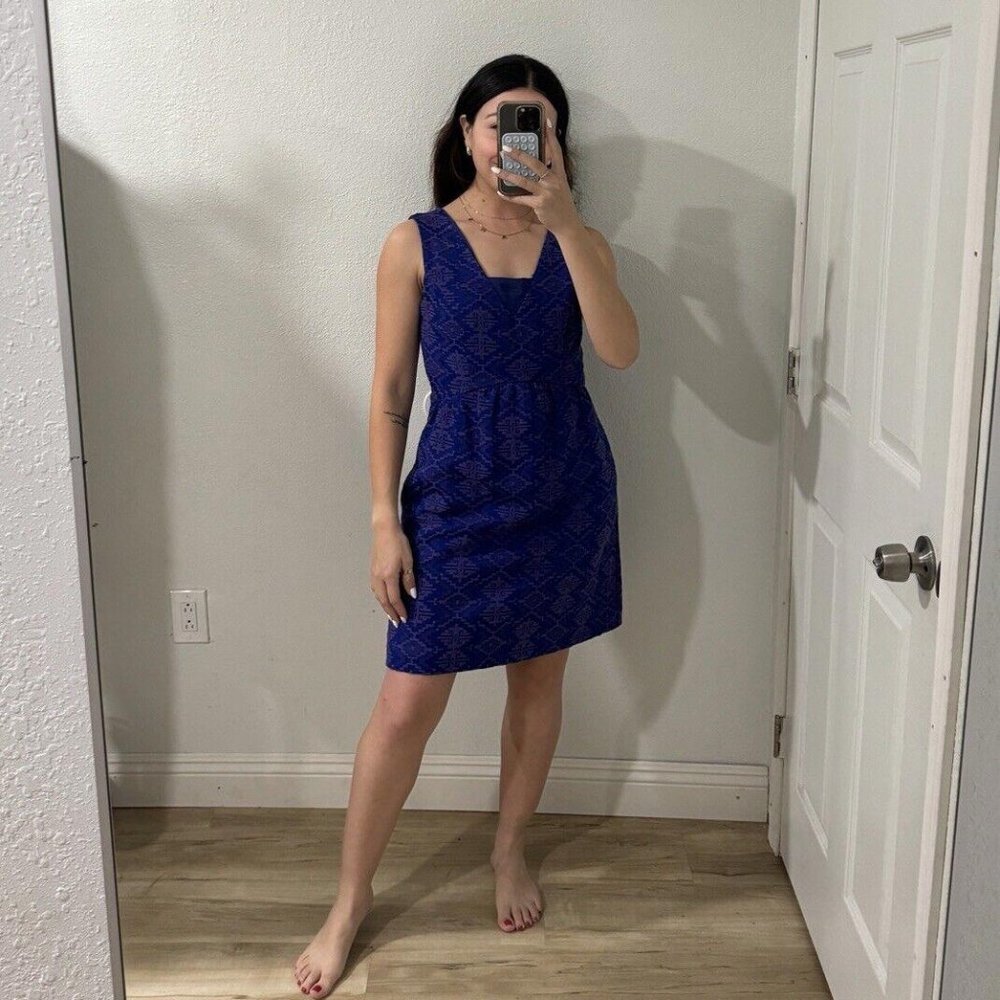 Anthropologie Women Size 4 Jacquard Fit Flare Maeve‎ Blue Sheath Brocade Dress